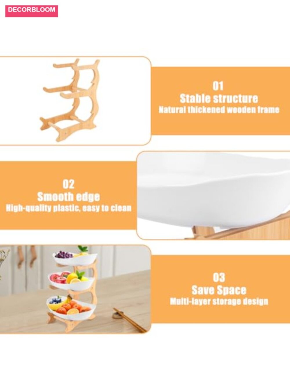3-Tier Fruit Basket Stand with Bamboo and Plastic Bowls, Kitchen Counter - Picture 3 of 6